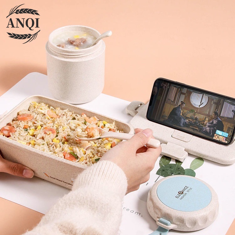 ANQI 1888 Lunch Box Free Cutlery Set  Tempat Makan/Lunch Box Jerami Gandum With Free Sendok BPA Free