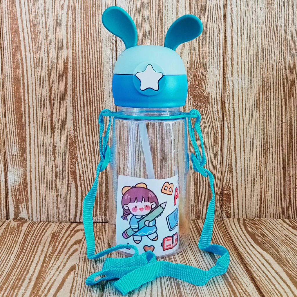 Botol Minum Anak Sekolah Karakter Rabbit Kelinci 500ml Ada Stiker Lucu dan Tali Panjang