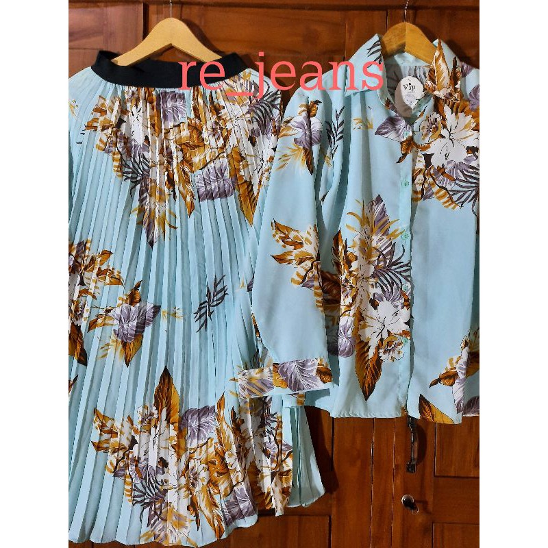 SETELAN BAJU KEMEJA DAN ROK PISKET MOTIF BUNGA LD 110