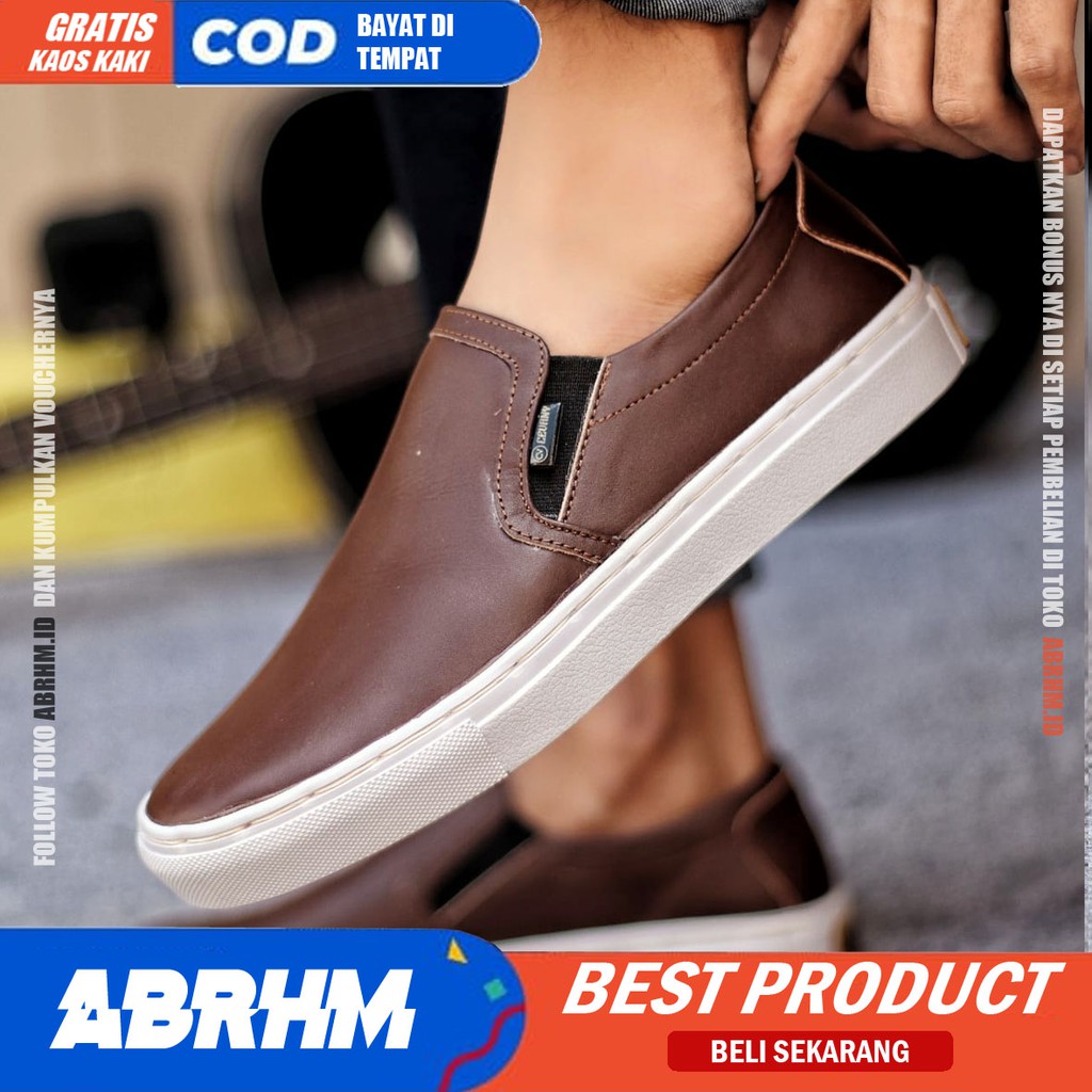 ABRHM- MORI Sepatu Slip On pria Sepatu Casual Pria Sepatu Pria Casual Kulit Asli Cowo/Cowok Ori Sepatu Kasual Sneakers Kets Gaya Santai Keren Kekinian Murah Terlaris