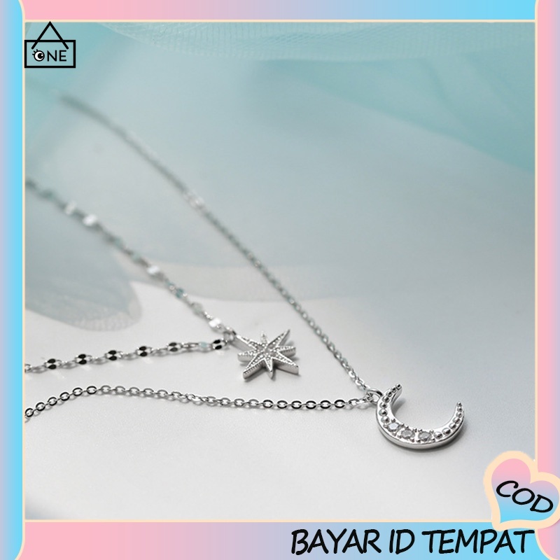 COD❤️Kalung Oktagonal Star Moon Double Layer Kalung Wanita Cahaya Mewah Rantai Klavikula Tumpang Tindih