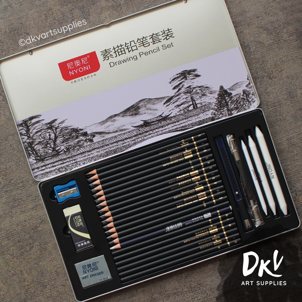 

NYONI Sketch drawing pencil / pensil grafit charcoal arang 29 pcs set tin case