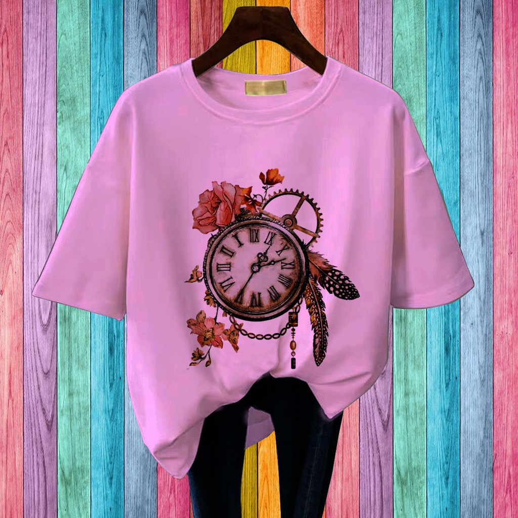 CALVIERO SHOP - BAJU KAOS WANITA DEWASA PRINT CLOCK VINTAGE CASUAL