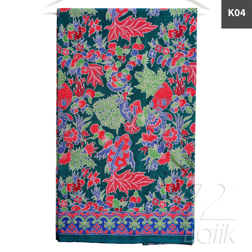 KAIN BATIK PREMIUM Bahan Katun Motif Ikan Koi Warna Hijau Nila Biru 725441 Cap 72 Jarik Jarit Samping Kebat Panjang Batik Katun Modern Premium Bahan Seragam Batik Pernikahan Kantor Keluarga Murah Kamen Jadi Batik Bali Lembaran