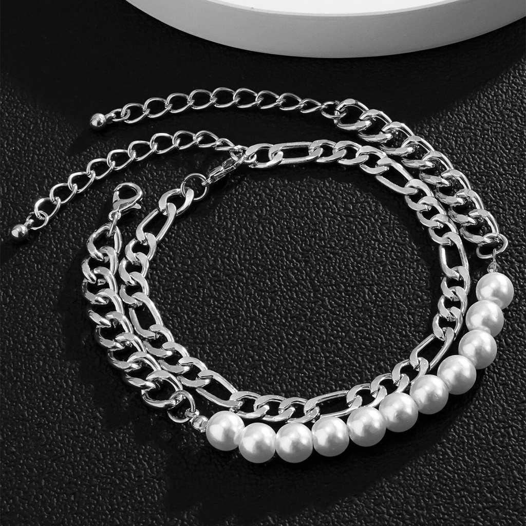 2pcs / Set Gelang Rantai Mutiara Imitasi Warna Silver Untuk Pria