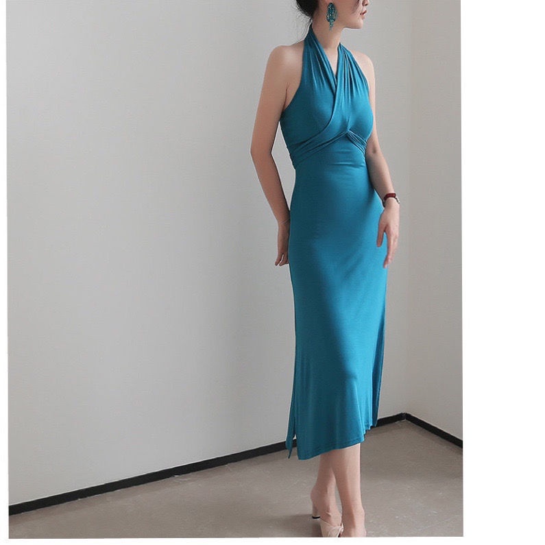 Red Baru Perancis retro gaun elegan halter leher dicukur bahu terbuka kembali tas pinggang pinggul rok mid-length tipis