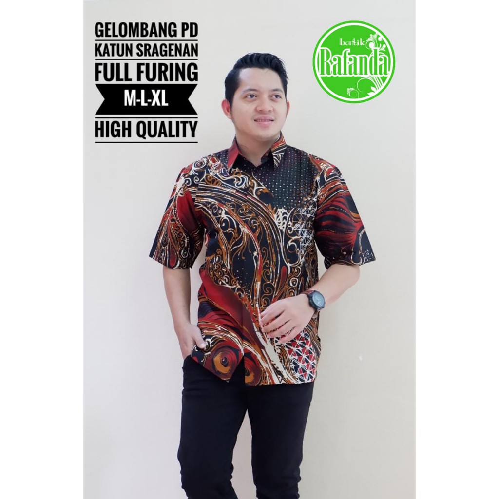 GELOMBANG PENDEK Atasan Kemeja Batik Pria Lapis Furing PREMIUM Lengan Pendek Batik Rafanda Solo