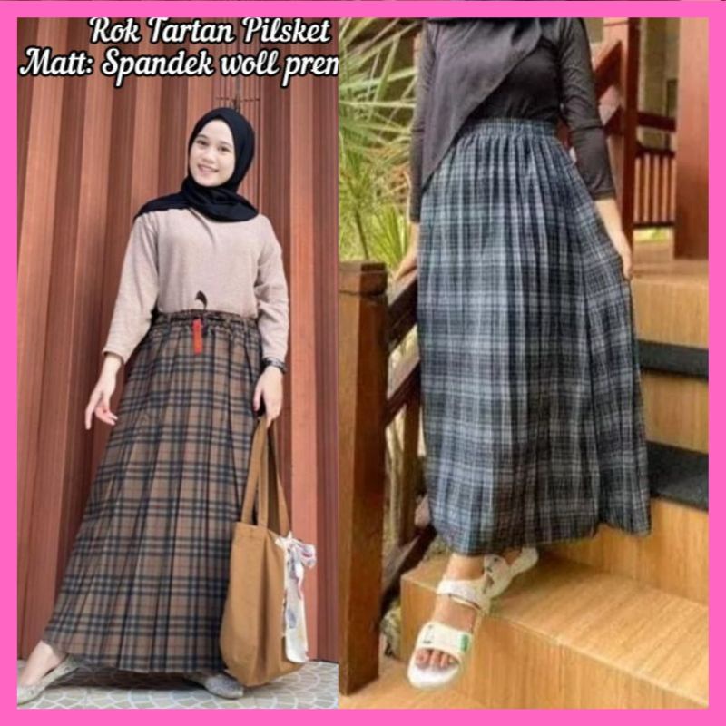 Rok Wanita Motif Kotak Panjang Tartan Plisket Lipit Besar Korean Maxi Skirt