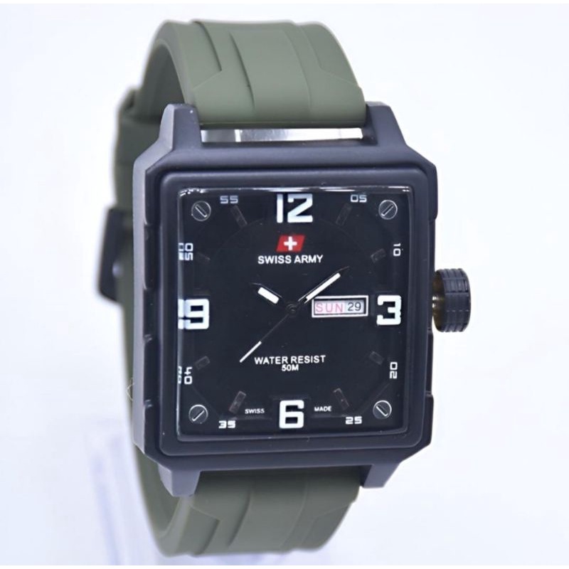 Jam Tangan Kotak Rubber Pria Tanggal Hari Strap Rubber