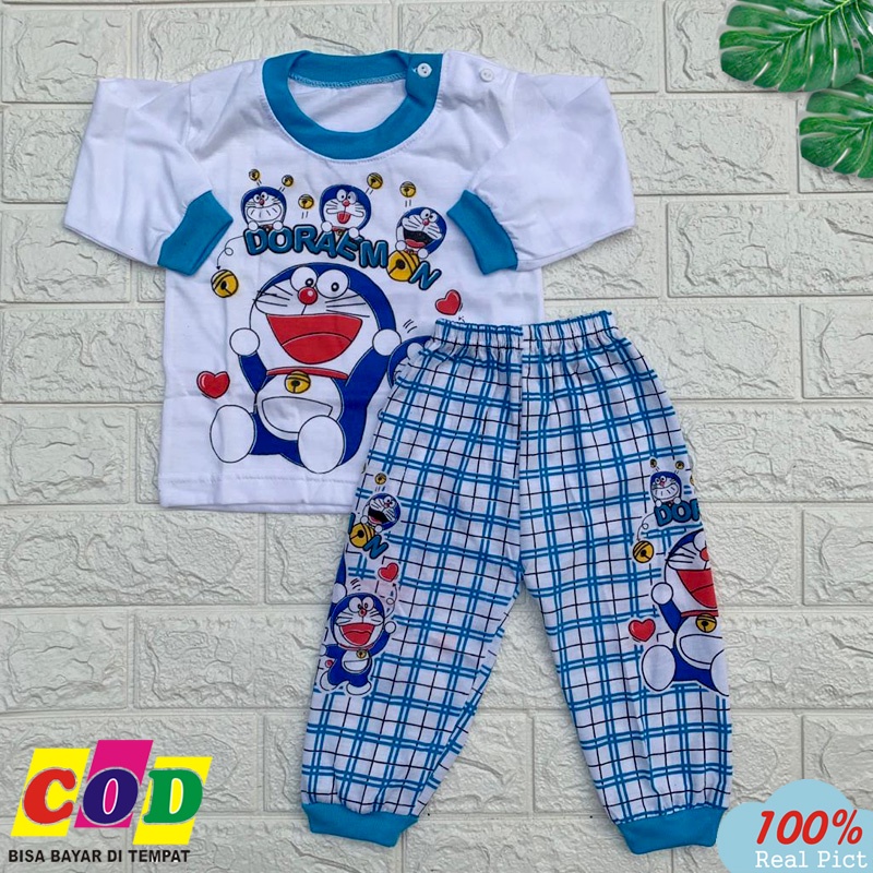 Setelan baju Tidur Bayi Lengan Panjang  Piyama Anaka Usia 6-12 Bulan Karakter Doraemon Almeera Baby