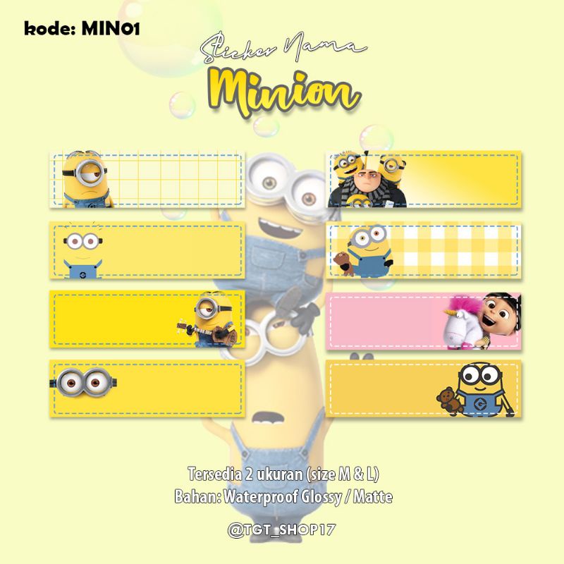 

Sticker label nama custom kartun Minion Papoy Winnie Pooh Marie the Cat Seals bahan waterproof