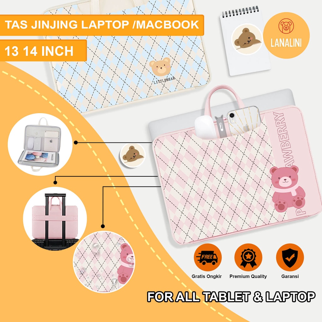 Sleeve Pouch Sarung Tas Bag Case Ipad Tab Tablet Macbook Air Pro Laptop Asus Acer Lenovo HP Huawei 11 12 13 14 15 inch Motif Gambar Kartun Bear Beruang Warna Pink Blue Biru Cute Murah Korean Model Jinjing Tali Strap Waterproof Tahan Air