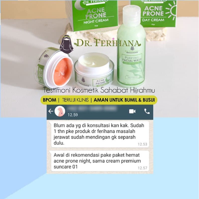 Acne Prone Day Cream dr. Ferihana Cosmetics &amp; Skincare Krim Siang untuk Perawatan Wajah Kulit Berminyak Berjerawat Ringan Sedang sampai Meradang Bernanah BPOM LPPOM HALAL MUI