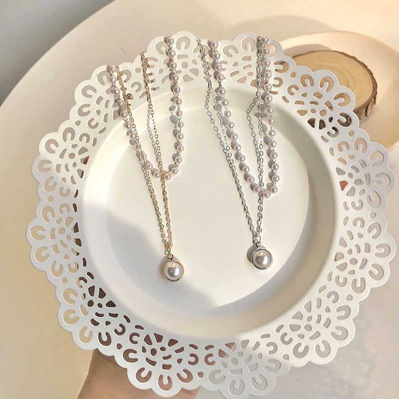 Kalung Rantai Klavikula Liontin Mutiara Ganda Warna Silver Untuk Wanita