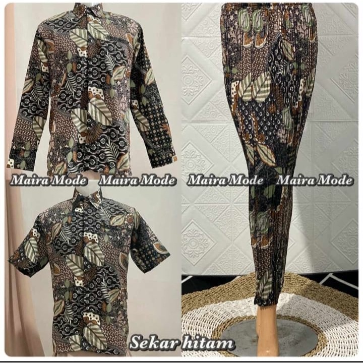 Couple batik kemeja dan rok plisket / set rok plisket dan kemeja batik / motif sekar abu