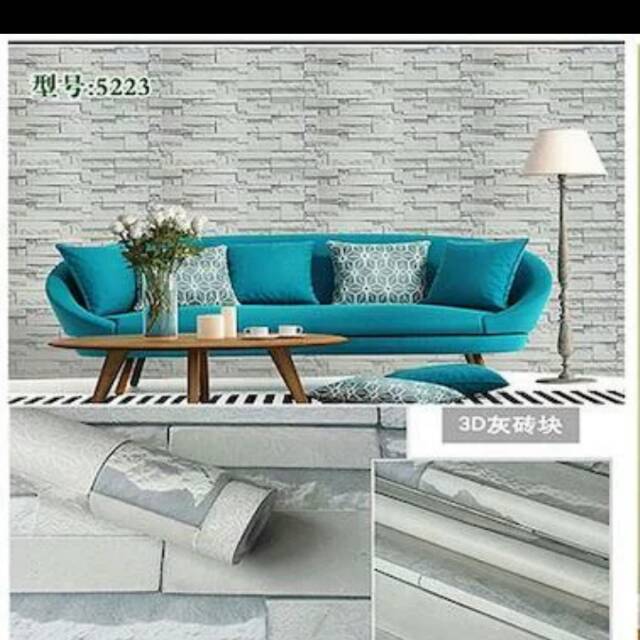 wallpaper dinding motif bata alam putih abu 3d