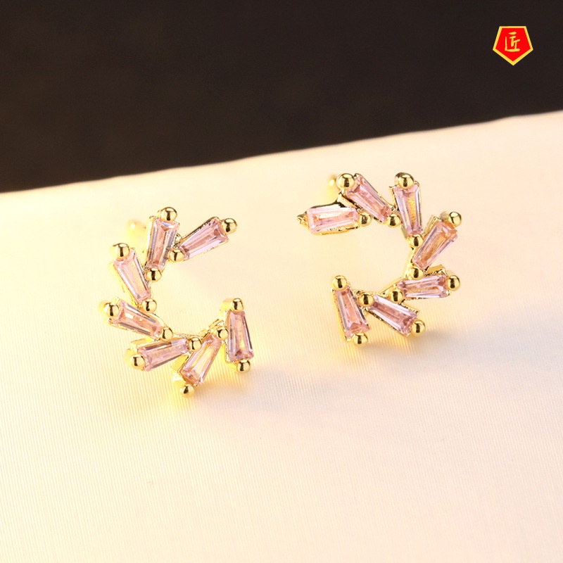 [Ready Stock]925 Silver Pink Crystal Small Ear Studs Personality