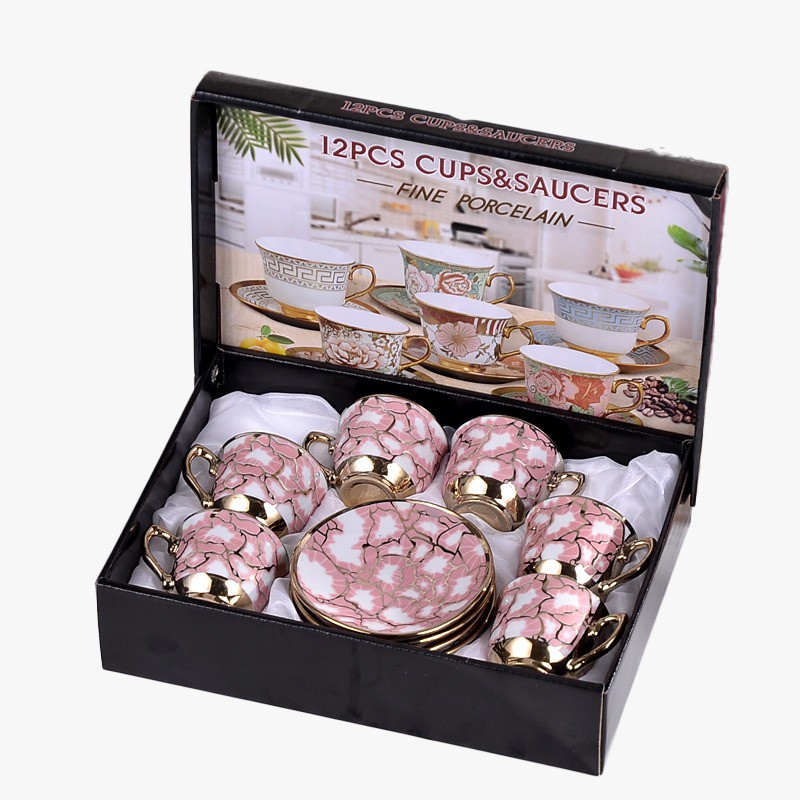 Harga Termurah - H892 (12 PCS) Cangkir & Piring Keramik European Style / Set Gelas Piring Kaca-Kotak Hitam