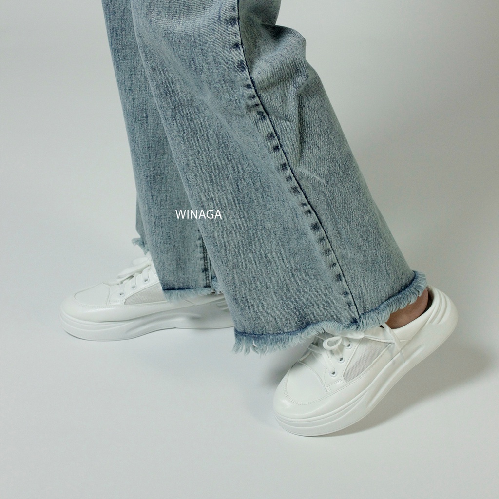 WINAGA- HighWaist Kulot Jeans Rawis Unfinished Pinggang Karet Kancing 2