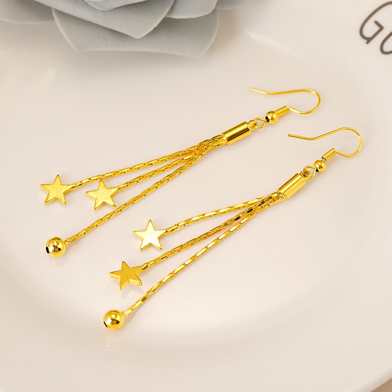 Anting Rumbai Panjang Desain Bintang Note Lapis Emas Asli Kadar 375 Gaya Bangkok Untuk Aksesoris Wanita