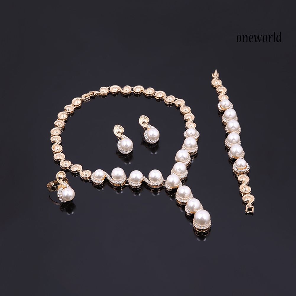 OW@ Women Pearl Inlaid Rhinestone Necklace Bracelet Stud Earrings Ring Jewelry Set