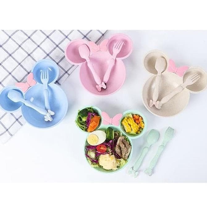 Tempat Makan Set Anak Mickey Minnie Mouse + Sendok Garpu Wheat Piring Mangkok Jerami