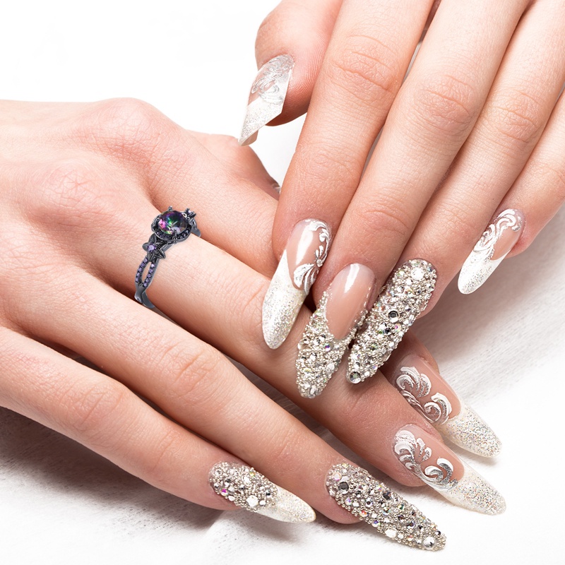 Cincin Emas Hitam Hias Kristal Zircon Ungu Berlian Untuk Pria Dan Wanita