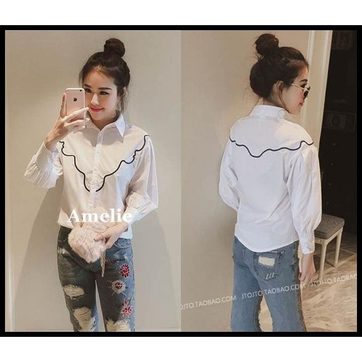 BAJU ATASAN KEMEJA WANITA PUTIH GARIS BLUE WHITE BLOUSE TUNIK IMPORT
