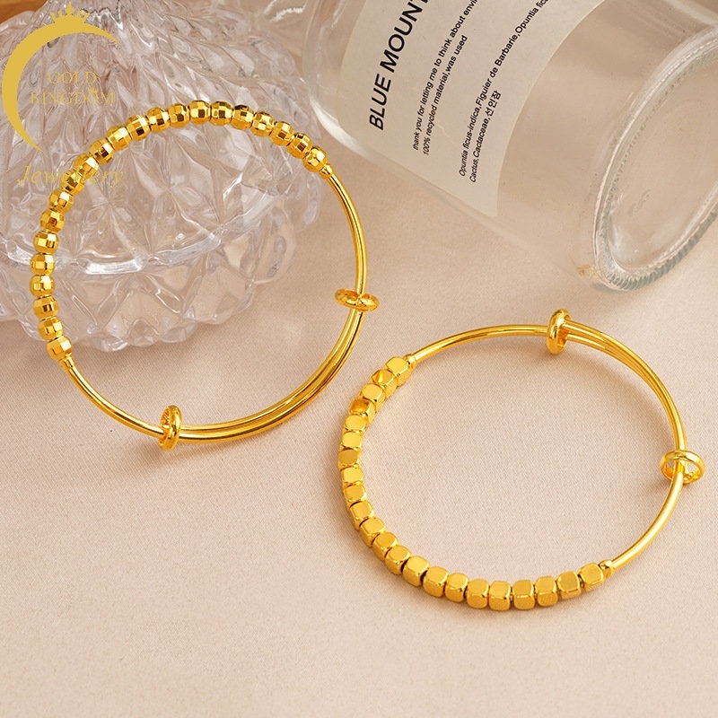 Goldkingdom Perhiasan Fashion 24K Bangkok Aksesoris Ready Stock Klasik Push Pull Gelang Manik-Manik Laser Beads Emas Asli Kadar 375 Kecil Nugget Gelang Minimalis Wanita