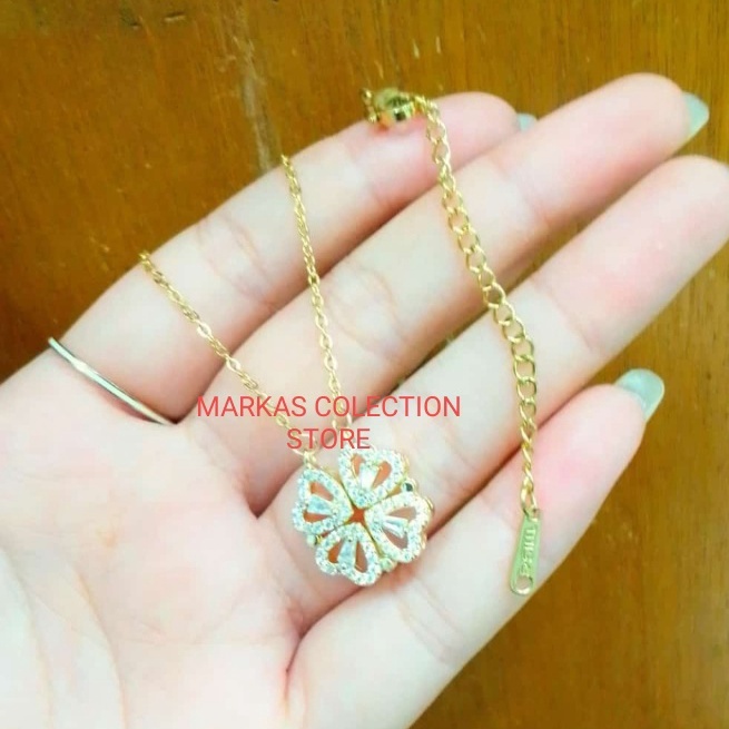 Kalung Titanium Asli Korea Semanggi Empat daun Hati Emas 18k Berlian 2 Cara Memakai Perhiasan Anti karat tidak mudah luntur