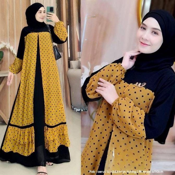 dinara maxi ceruty bebydoll  gamis ceruty kancing rompi polka /gamis sysrii kombinasi motif terbaru