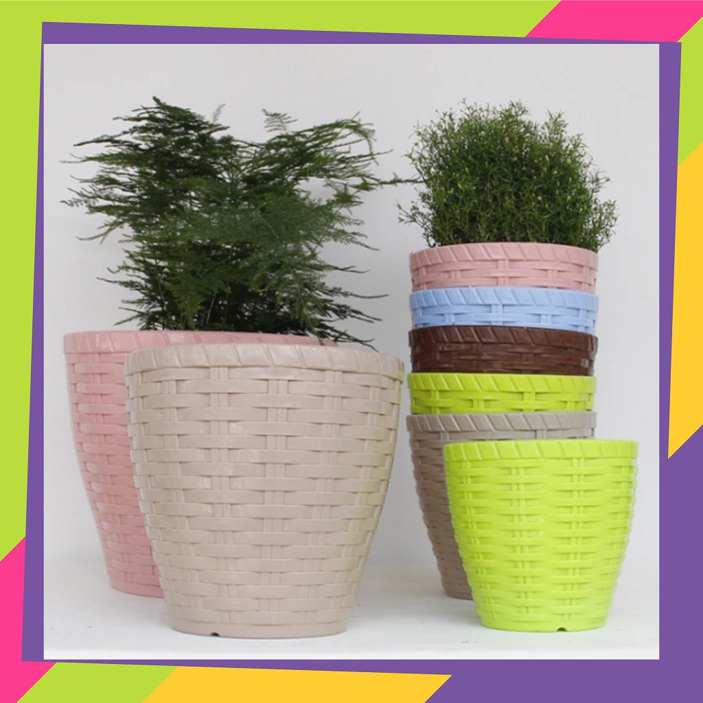 1091D [Grosir] Pot bunga plastik warna anyaman bambu / Pot bunga tanaman hias