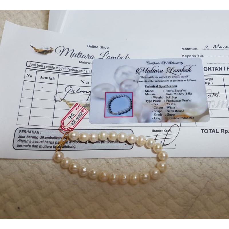 Gelang mutiara air tawar super lombok asli pengait emas bersertifikat