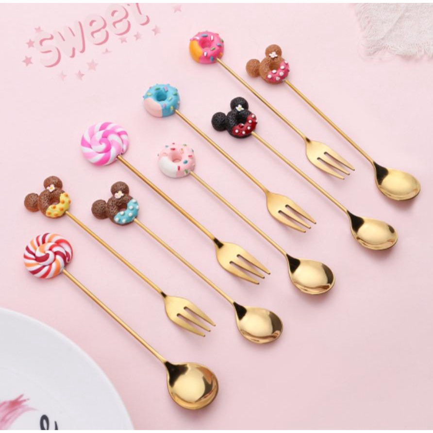 PREMIUM CAFE Sendok Garpu Lucu Dessert kecil karakter anak scoop spoon fork korea mini teh Gold teaspoon imut Buah cake Gold Stainless Kopi