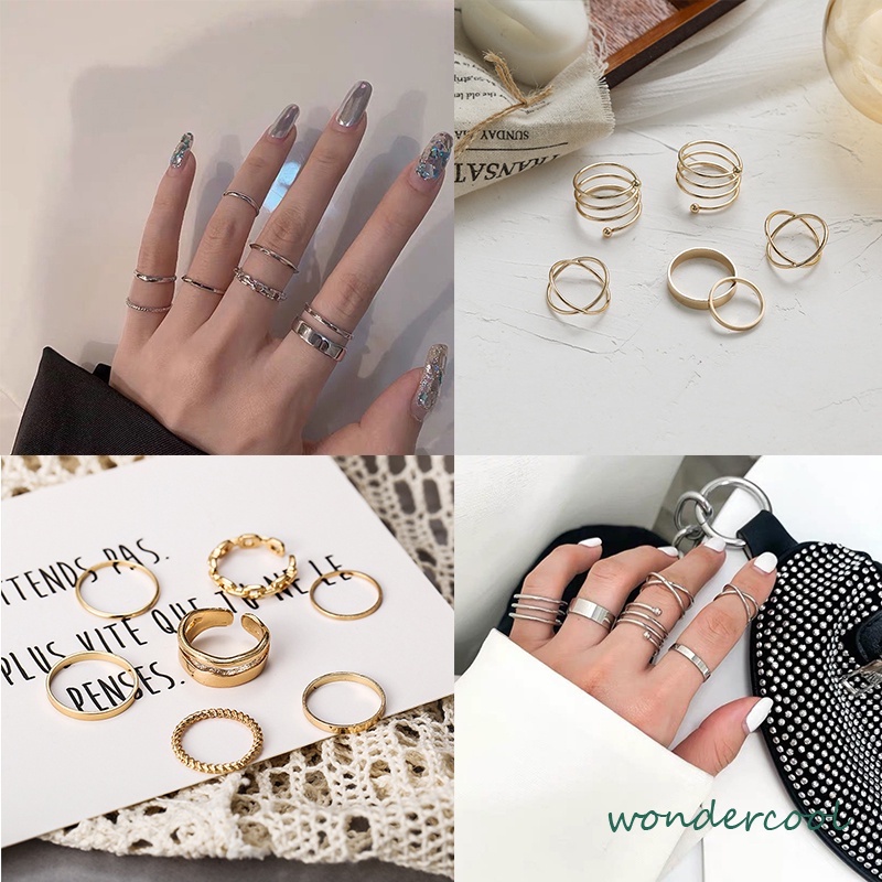 6pcs / 7pcs/Set Cincin Rantai Emas Model Terbuka Gaya Retro Korea Untuk Aksesoris Perhiasan-Won