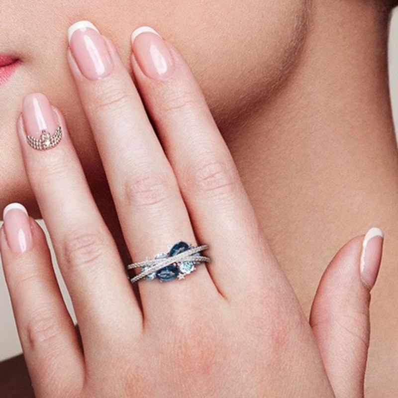 Cincin Sterling Silver 925 Model Silang Dengan Sapphire Biru Untuk Wanita