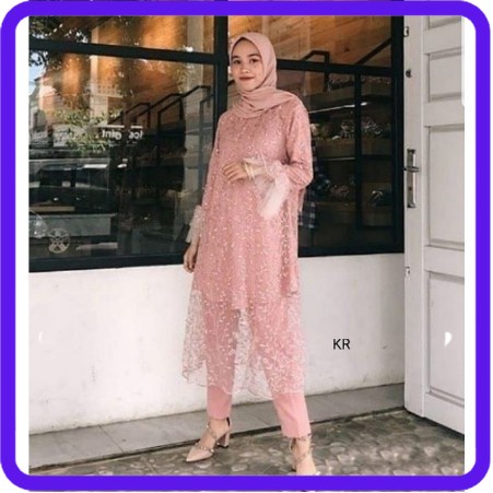 Stelan Celana tunik brukat tile set baju pesta brokat tile set celana pesta kondangan elegan terbaru
