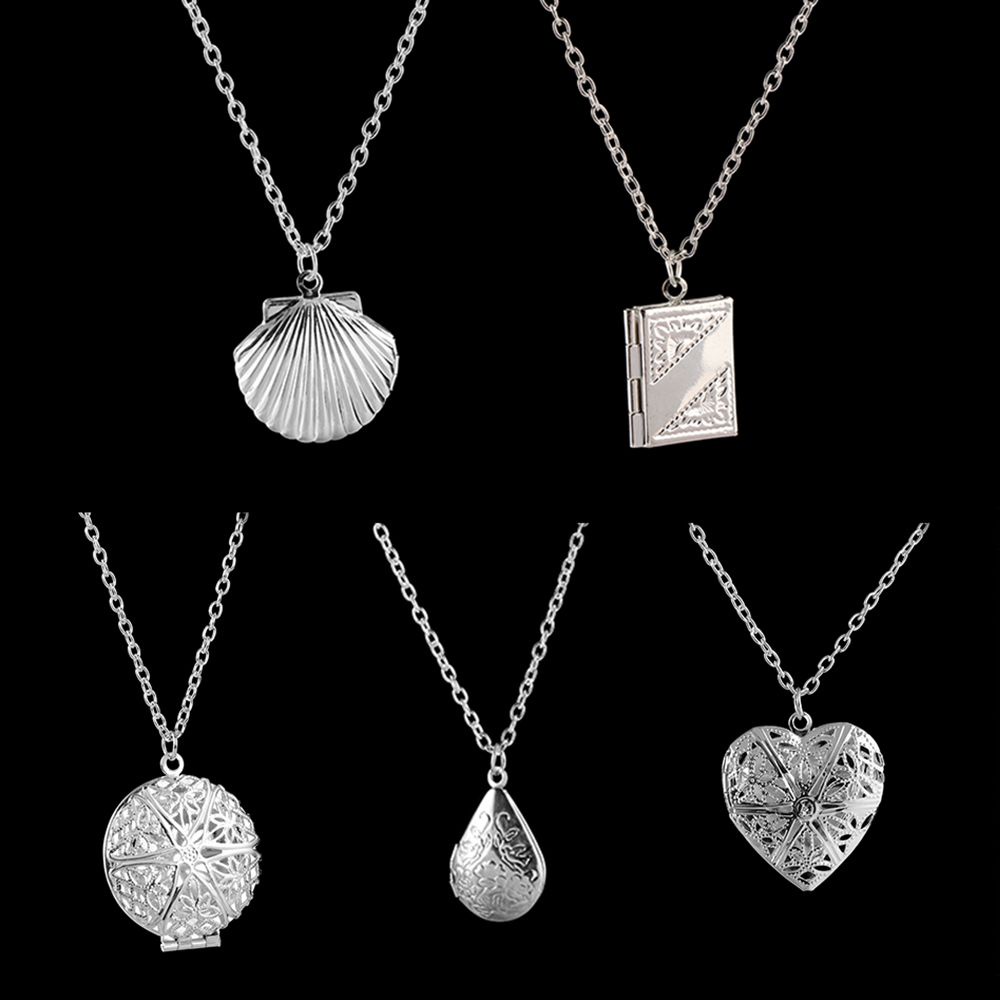 ROW New Chain Silver Picture Locket Necklaces Hollow Memory Heart Drop Shell Openable Photo Frames Pendant