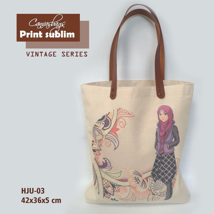 Tas Canvas Tote Bag Natural Vintage Seri "Hijab style" - 03