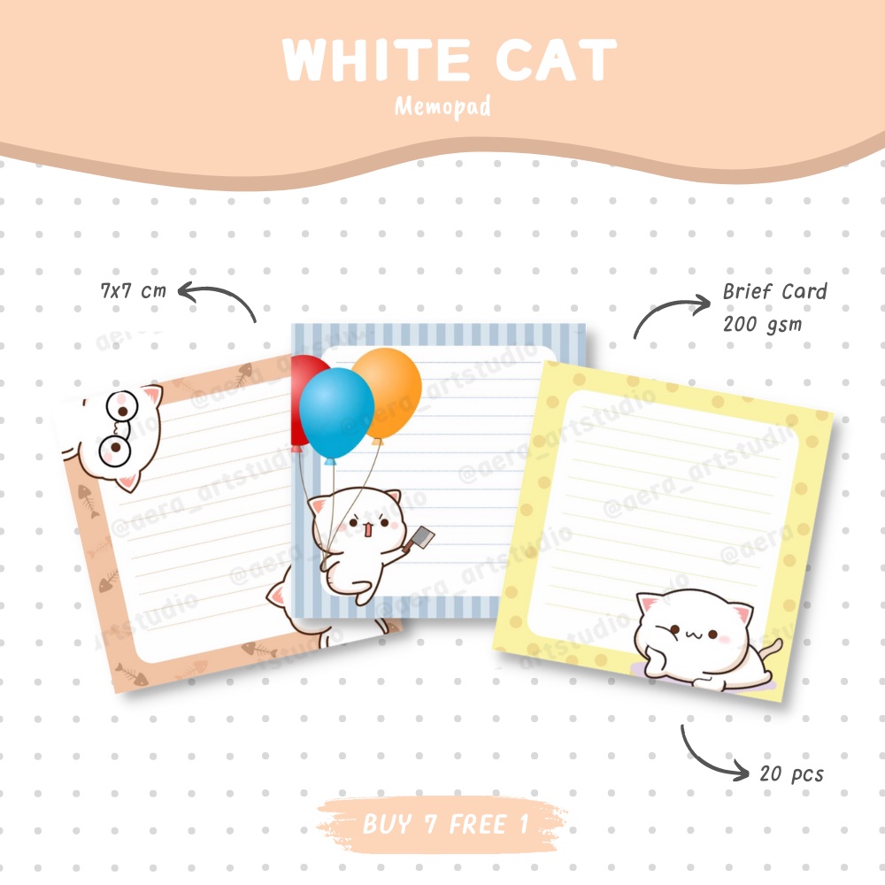 

(20 pcs) White Cat : Memopad - by Aera Art Studio | Cute Korean Style Memo Paper - Aesthetic Notes - Kertas Memo Lucu - Memo Set