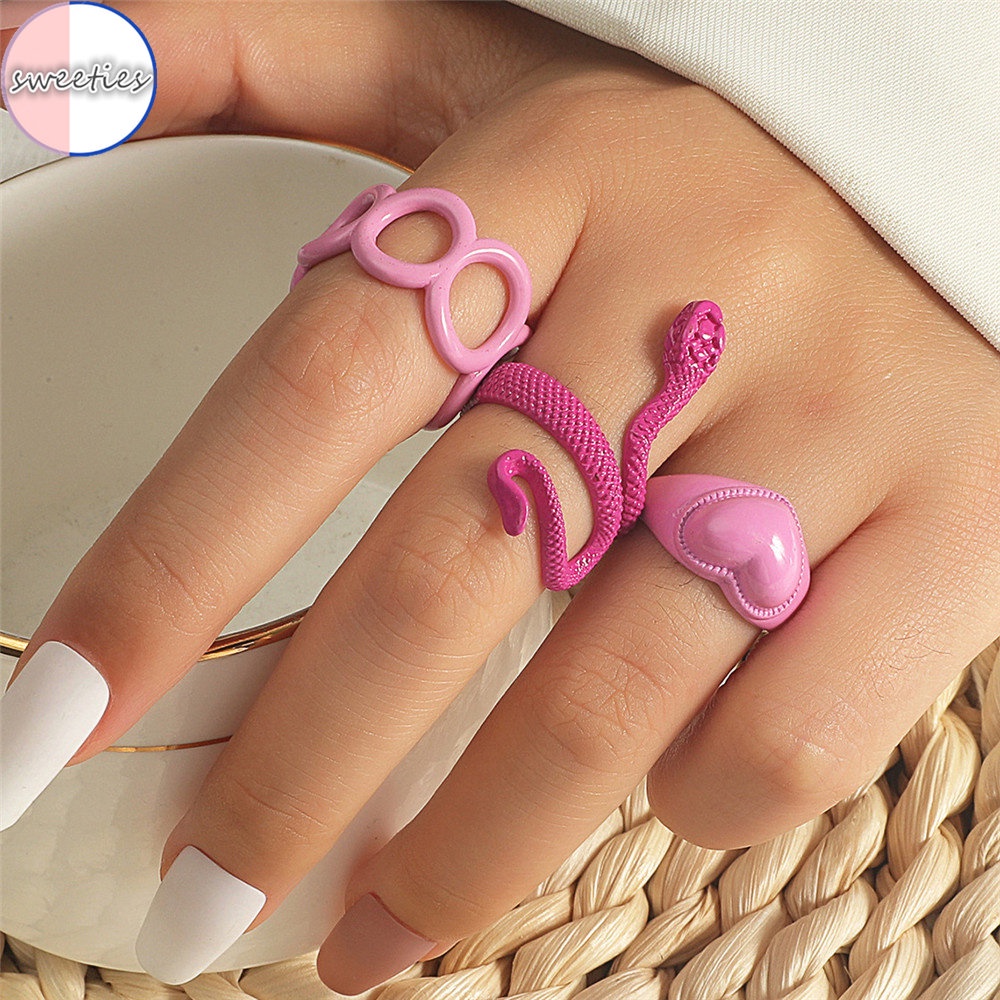 3pcs / set Cincin Model Terbuka Bentuk Ular Warna pink Gaya Punk Hip Hop Gothic Untuk Wanita