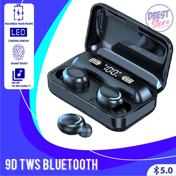 TWS Earphone Headset Bluetooth 5.0 With Mic 9D Bass HiFi Stereo Waterproof 2200mah Power Bank