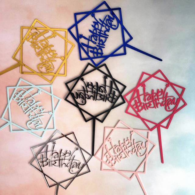 Cake Topper Happy Birthday Akrilik Segi 8 Dekorasi Hiasan Kue Ultah Murah Gold Silver Merah Biru