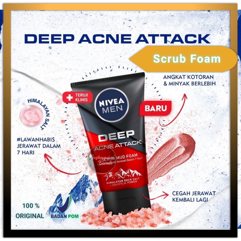 NIVEA MEN Deep Acne Attack 100ml | Scrub Mud Foam | Facial Wash | Facial Foam | BPOM