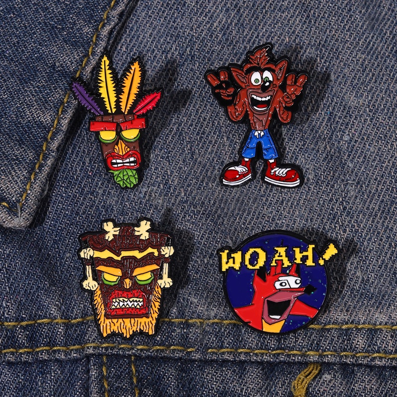 Bros Pin Enamel Desain Video Game Bandicoot Woah Aku Honest Adventure Gaya Retro