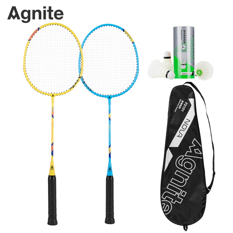 Agnite Badminton Racket / Raket Bulu Tangkis isi 2 Warna Kuning dan Biru Komposisi Karbon Senar Nylon Gratis 3 Kok F2101