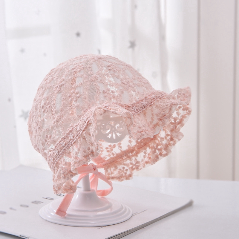 Topi Bayi Perempuan Bahan Lace Breathable Aksen Bunga Untuk Musim Panas/Properti Fotografi-3