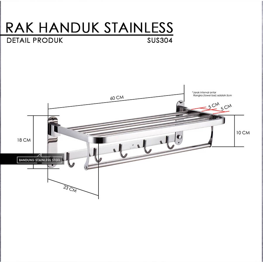 sus 304 Rak tempat handuk lipat stainless steel 5 baris plus kait 918 kamar mandi SILVER Hitam