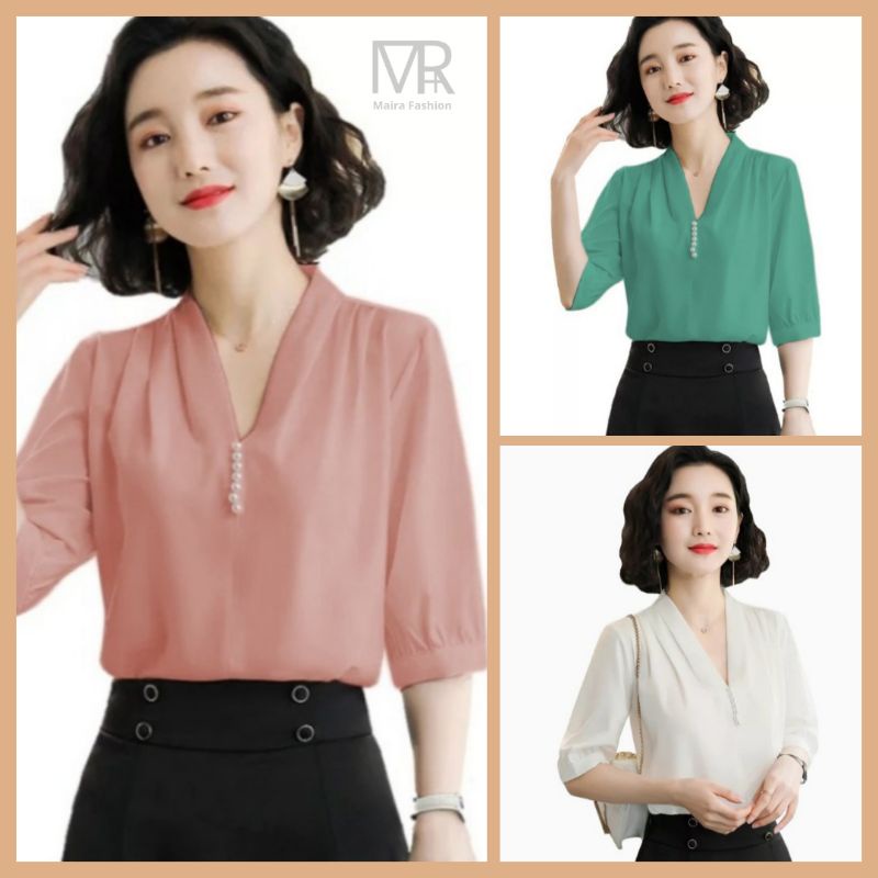 Blus Wanita Lengan Pendek Blouse Korean Style Leher V Terbaru 012
