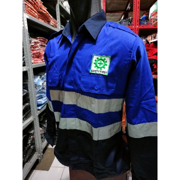 SERAGAM BAJU SAFETY BIRU KOMBINASI DONGKER KANCING BAHAN PREMIUM